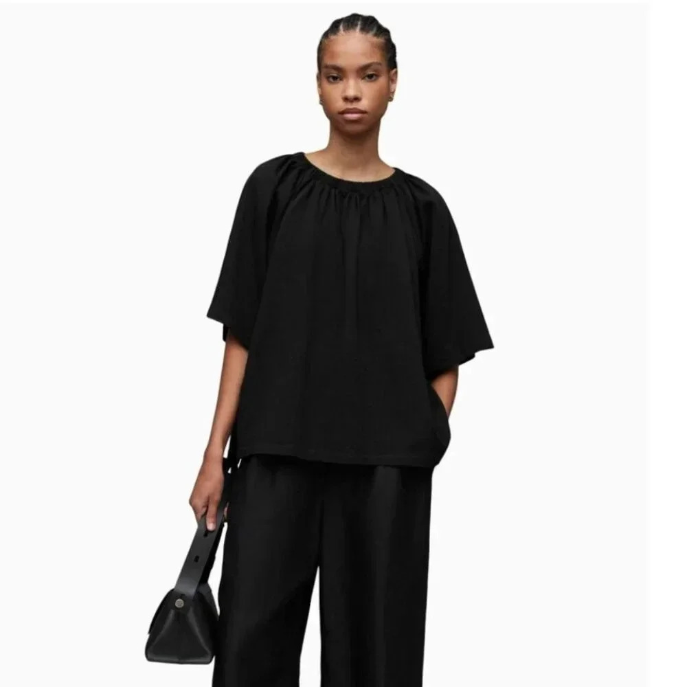 AllSaints Taylor Top Blouse Short Sleeve Pure Cotton Solid Black New Size Small